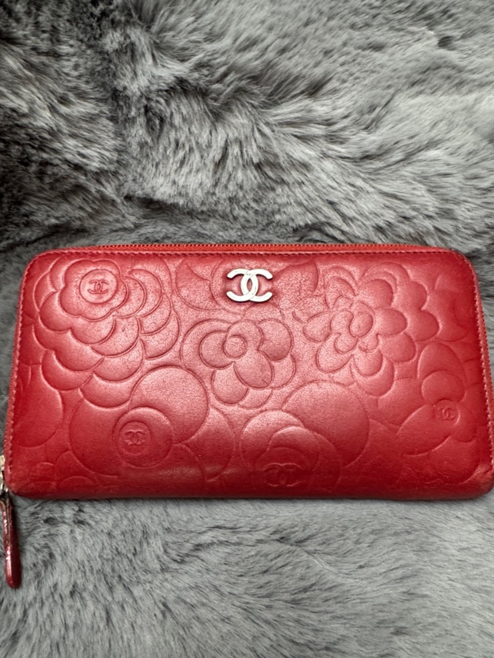 CHANEL Red Camellia Quilted Zip-Around Wallet with Silver CC